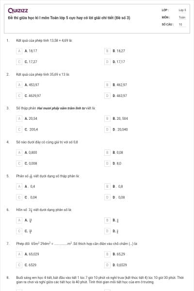 Đề thi giữa học kì I môn Toán lớp 5 cực hay có lời giải chi tiết (Đề số 3)