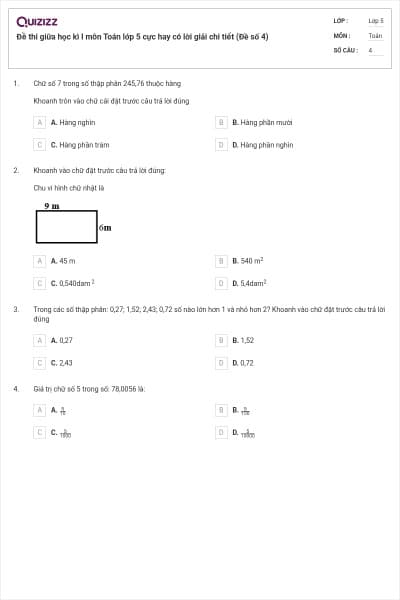 Đề thi giữa học kì I môn Toán lớp 5 cực hay có lời giải chi tiết (Đề số 4)