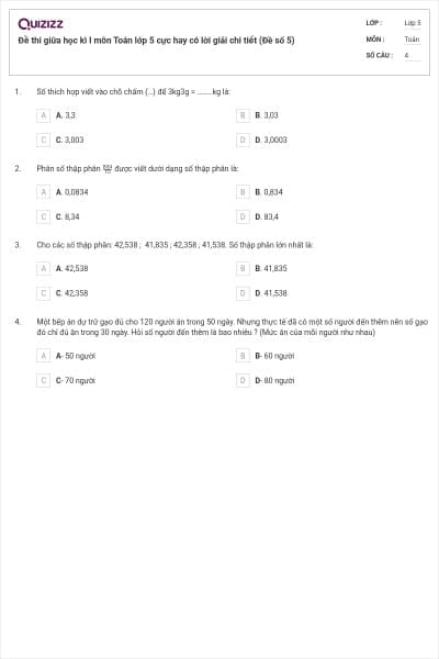 Đề thi giữa học kì I môn Toán lớp 5 cực hay có lời giải chi tiết (Đề số 5)