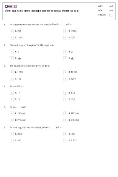 Đề thi giữa học kì I môn Toán lớp 5 cực hay có lời giải chi tiết (Đề số 6)