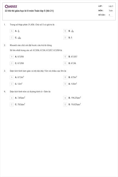 22 Đề thi giữa học kì II môn Toán lớp 5 (Đề 21)