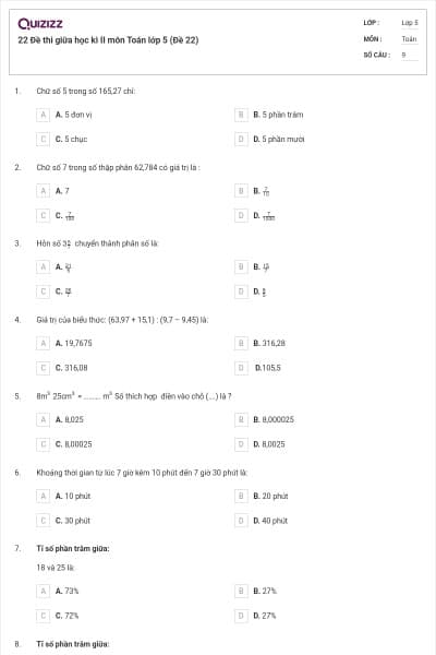 22 Đề thi giữa học kì II môn Toán lớp 5 (Đề 22)