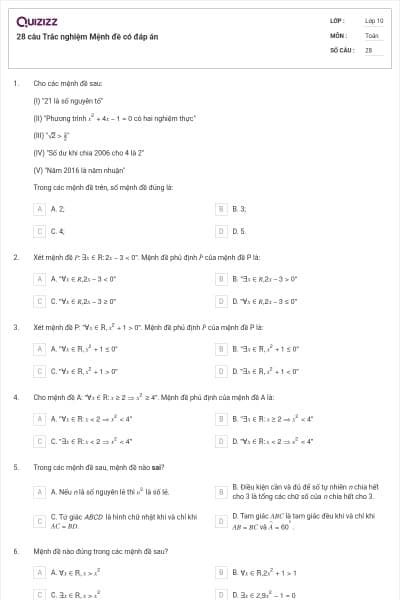 28 câu  Trắc nghiệm Mệnh đề có đáp án