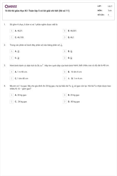 16 Đề thi giữa Học Kì I Toán lớp 5 có lời giải chi tiết (Đề số 11)