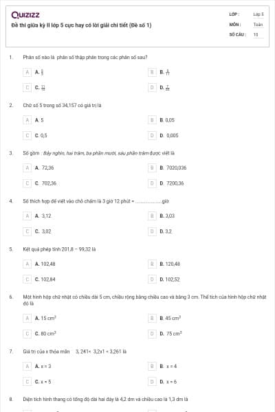 Đề thi giữa kỳ II lớp 5 cực hay có lời giải chi tiết (Đề số 1)