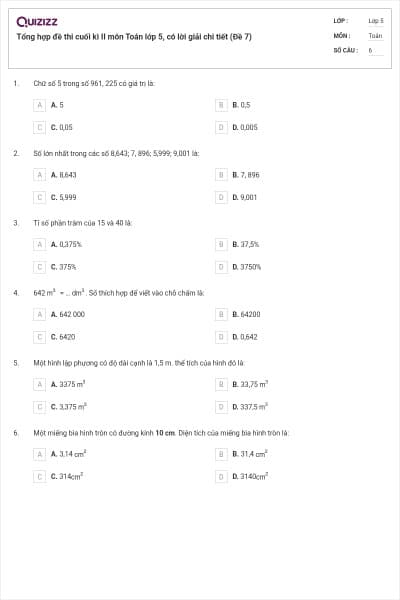 Tổng hợp đề thi cuối kì II môn Toán lớp 5, có lời giải chi tiết (Đề 7)