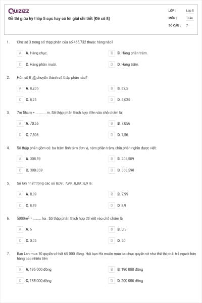 Đề thi giữa kỳ I lớp 5 cực hay có lời giải chi tiết (Đề số 8)