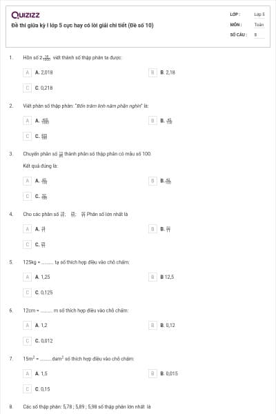 Đề thi giữa kỳ I lớp 5 cực hay có lời giải chi tiết (Đề số 10)
