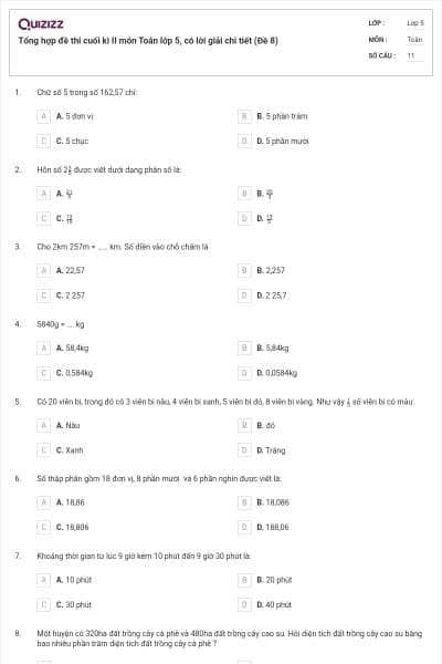 Tổng hợp đề thi cuối kì II môn Toán lớp 5, có lời giải chi tiết (Đề 8)