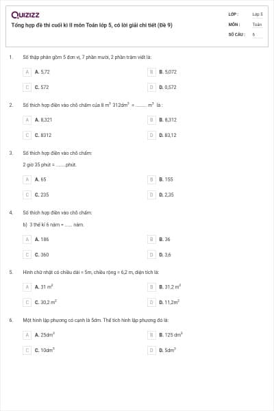 Tổng hợp đề thi cuối kì II môn Toán lớp 5, có lời giải chi tiết (Đề 9)
