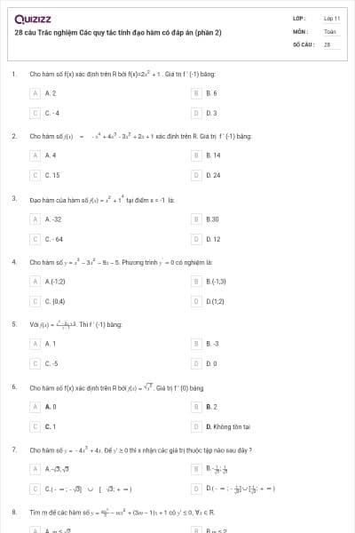 28 câu Trắc nghiệm Các quy tắc tính đạo hàm có đáp án (phần 2)