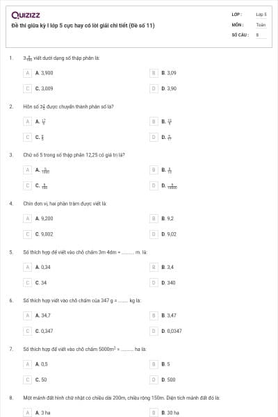 Đề thi giữa kỳ I lớp 5 cực hay có lời giải chi tiết (Đề số 11)