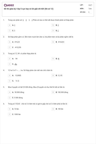 Đề thi giữa kỳ I lớp 5 cực hay có lời giải chi tiết (Đề số 12)