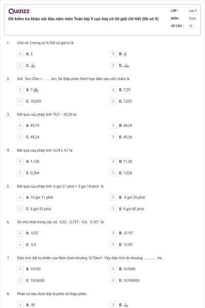 Đề kiểm tra khảo sát đầu năm môn Toán lớp 5 cực hay có lời giải chi tiết (Đề số 4)