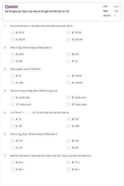 Đề thi giữa kỳ I lớp 5 cực hay có lời giải chi tiết (Đề số 13)