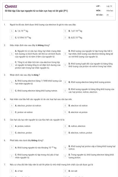 50 Bài tập Cấu tạo nguyên tử cơ bản cực hay có lời giải (P1)