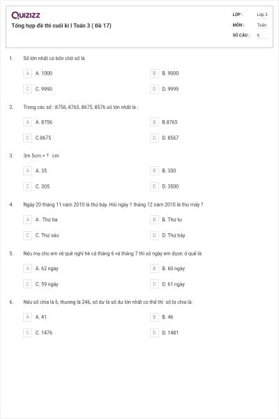 Tổng hợp đề thi cuối kì I Toán 3 ( Đề 17)