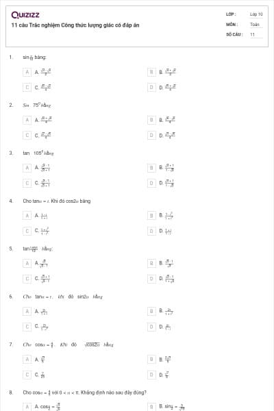 11 câu  Trắc nghiệm Công thức lượng giác có đáp án