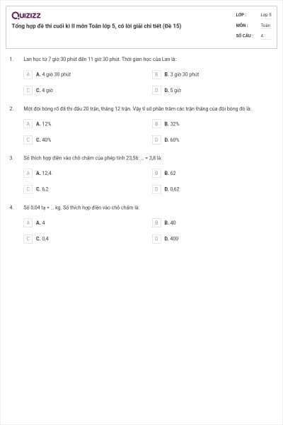 Tổng hợp đề thi cuối kì II môn Toán lớp 5, có lời giải chi tiết (Đề 15)