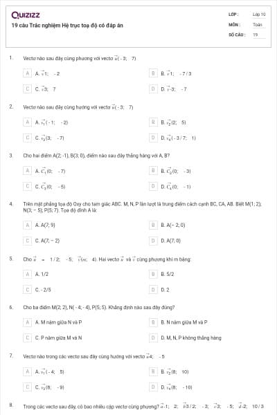 19 câu  Trắc nghiệm Hệ trục toạ độ có đáp án