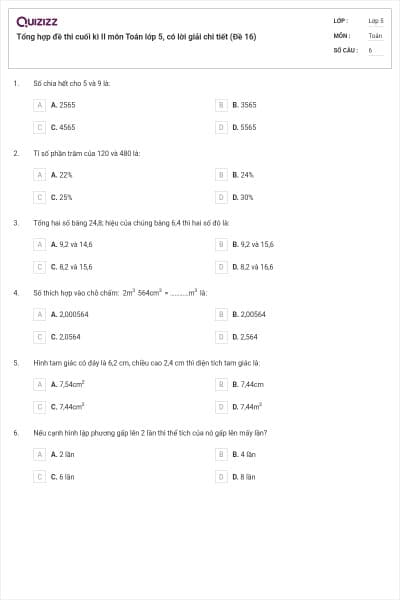 Tổng hợp đề thi cuối kì II môn Toán lớp 5, có lời giải chi tiết (Đề 16)