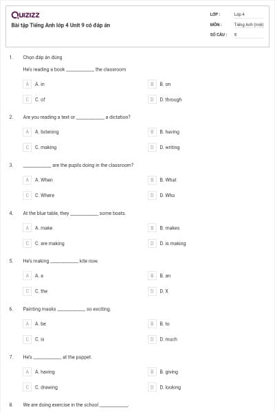 Bài tập Tiếng Anh lớp 4 Unit 9 có đáp án