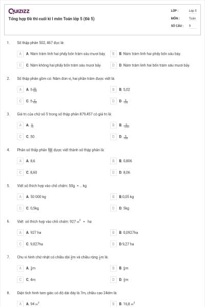Tổng hợp Đề thi cuối kì I môn Toán lớp 5 (Đề 5)