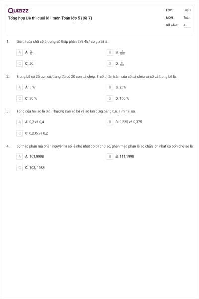 Tổng hợp Đề thi cuối kì I môn Toán lớp 5 (Đề 7)
