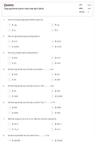 Tổng hợp Đề thi cuối kì I môn Toán lớp 5 (Đề 8)