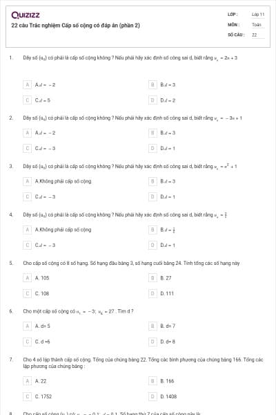 22 câu Trắc nghiệm Cấp số cộng có đáp án (phần 2)