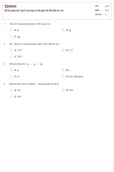 Đề thi giữa kỳ I lớp 5 cực hay có lời giải chi tiết (Đề số 14)