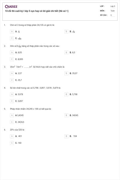 10 đề thi cuối kỳ I lớp 5 cực hay có lời giải chi tiết (Đề số 1)