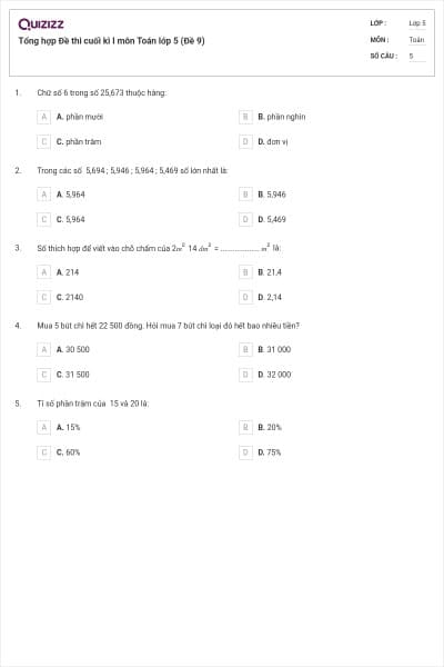 Tổng hợp Đề thi cuối kì I môn Toán lớp 5 (Đề 9)