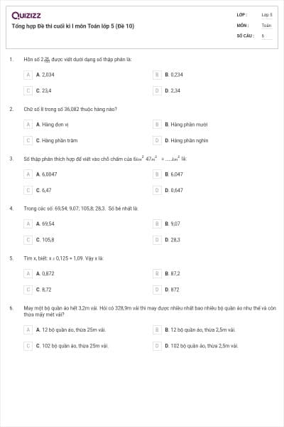 Tổng hợp Đề thi cuối kì I môn Toán lớp 5 (Đề 10)