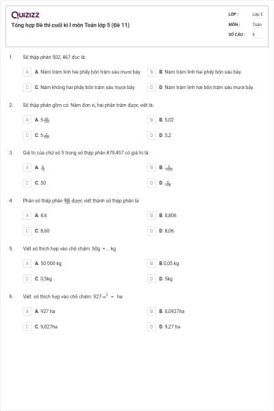 Tổng hợp Đề thi cuối kì I môn Toán lớp 5 (Đề 11)