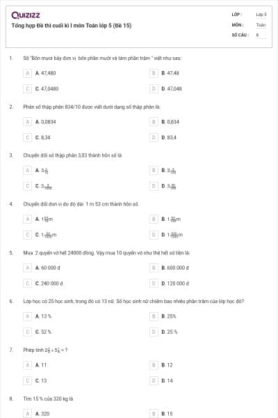 Tổng hợp Đề thi cuối kì I môn Toán lớp 5 (Đề 15)