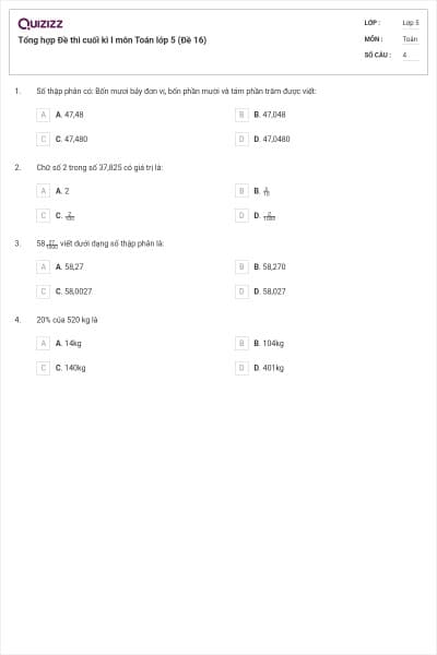 Tổng hợp Đề thi cuối kì I môn Toán lớp 5 (Đề 16)
