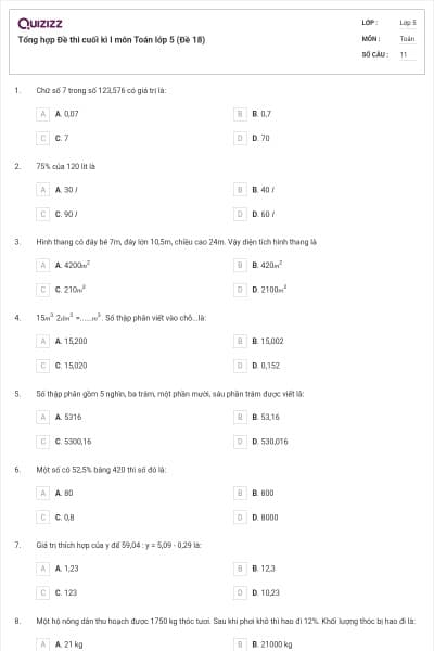 Tổng hợp Đề thi cuối kì I môn Toán lớp 5 (Đề 18)