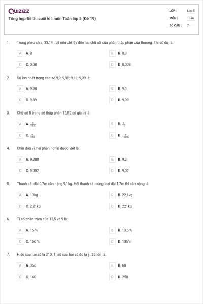 Tổng hợp Đề thi cuối kì I môn Toán lớp 5 (Đề 19)