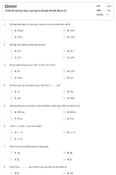 10 đề thi cuối kỳ I lớp 5 cực hay có lời giải chi tiết (Đề số 4)