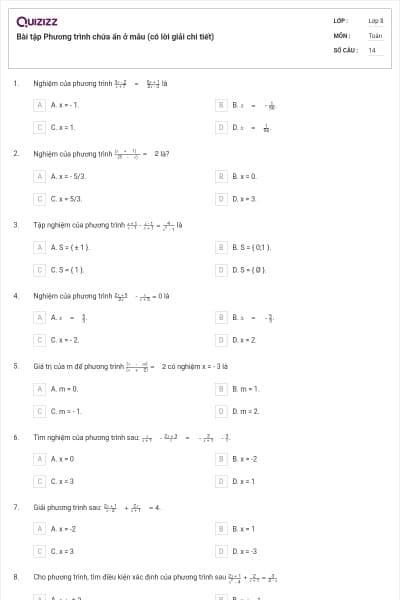 Bài tập Phương trình chứa ẩn ở mẫu (có lời giải chi tiết)