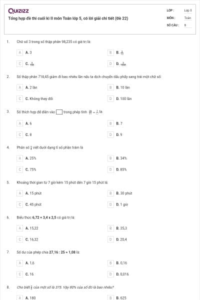 Tổng hợp đề thi cuối kì II môn Toán lớp 5, có lời giải chi tiết (Đề 22)