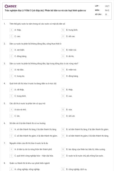Trắc nghiệm Địa Lí 9 Bài 3 (có đáp án): Phân bố dân cư và các loại hình quần cư