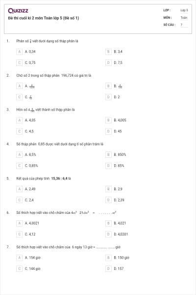 Đề thi cuối kì 2 môn Toán lớp 5 (Đề số 1)