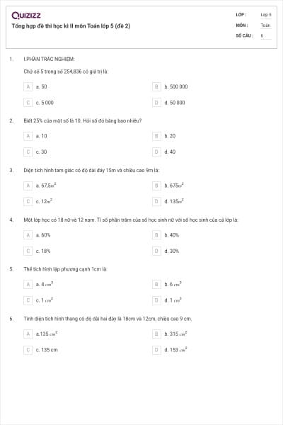 Tổng hợp đề thi học kì II môn Toán lớp 5 (đề 2)