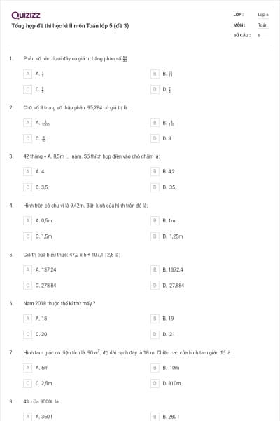 Tổng hợp đề thi học kì II môn Toán lớp 5 (đề 3)