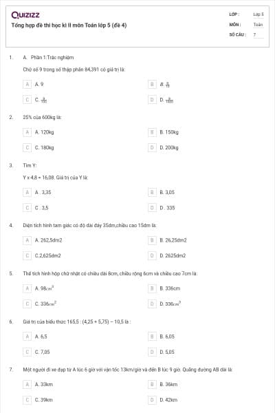 Tổng hợp đề thi học kì II môn Toán lớp 5 (đề 4)