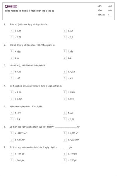 Tổng hợp đề thi học kì II môn Toán lớp 5 (đề 6)