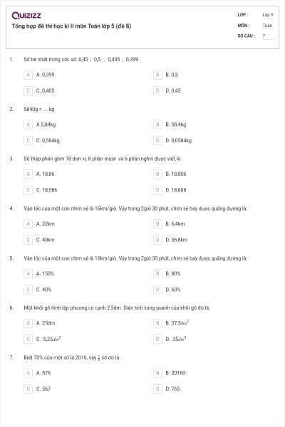 Tổng hợp đề thi học kì II môn Toán lớp 5 (đề 8)