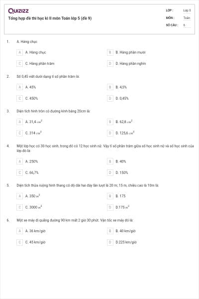 Tổng hợp đề thi học kì II môn Toán lớp 5 (đề 9)